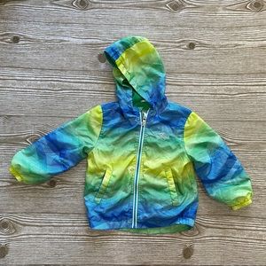 Catchy green/blue/yellow lightly lined windbreaker